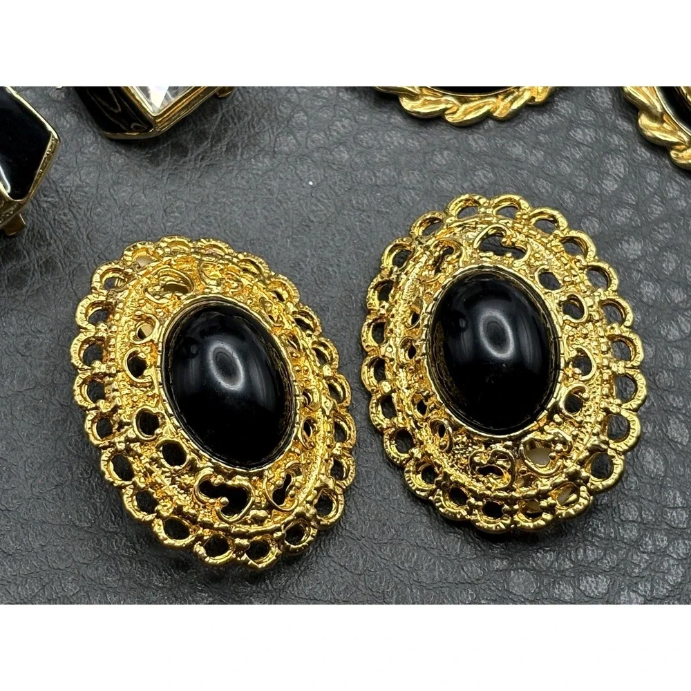 Vintage Park Lane Lot 3 Pairs Clip-On Earrings Black Enamel Pearl Rhinestone